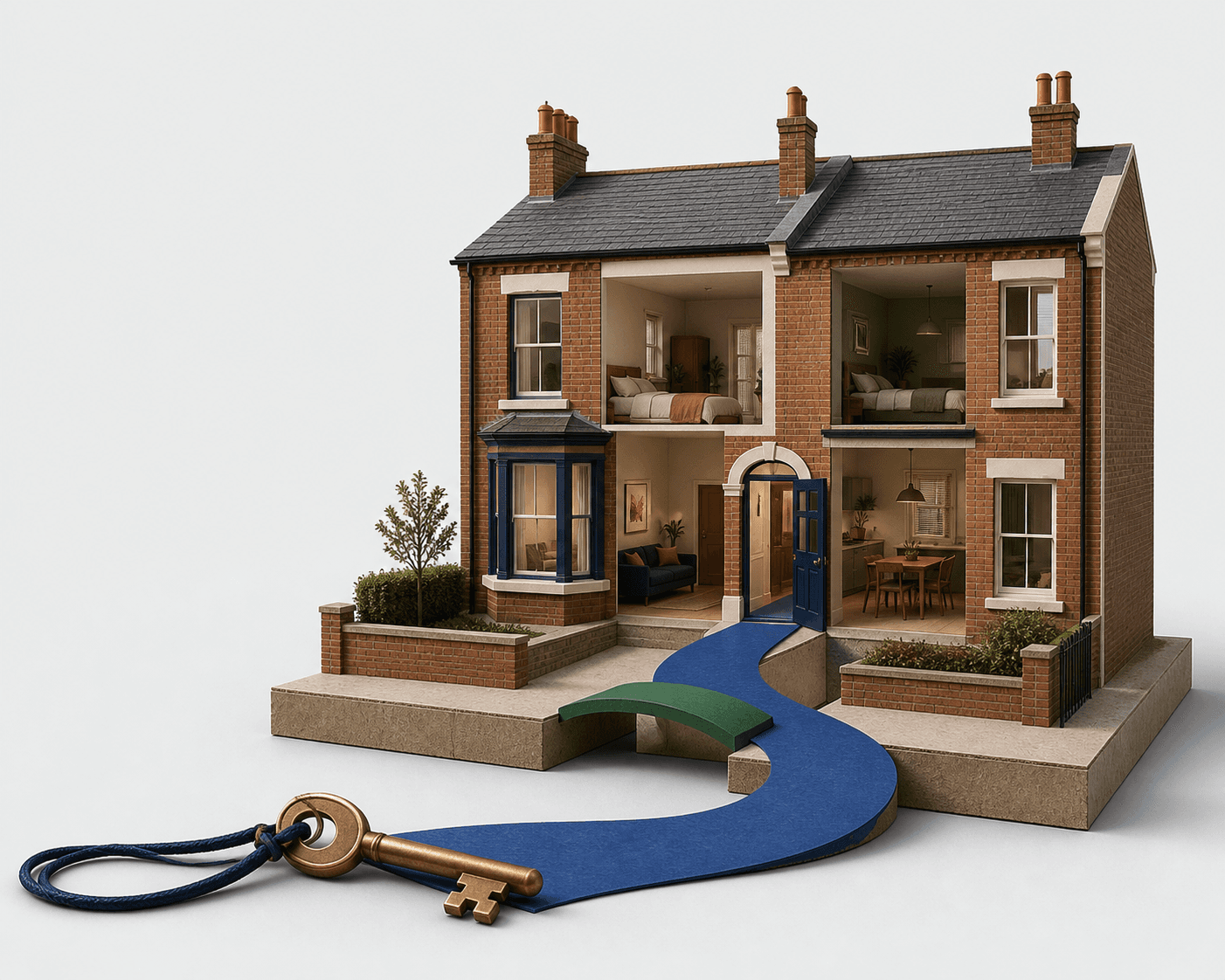 Architectural model of a British home connected to a key by a blue pathway